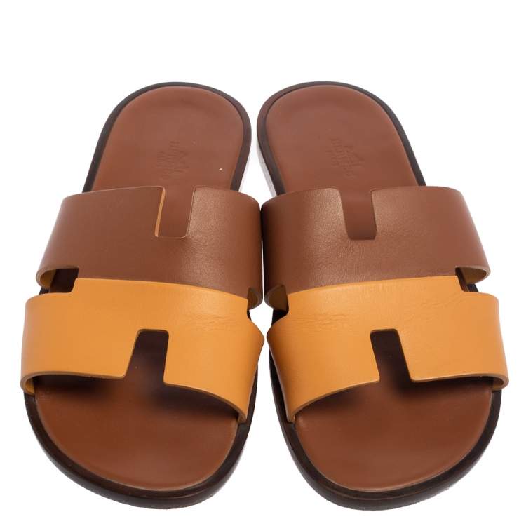 Pre Owned Hermes Two Tone Brown Leather Izmir Flat Slides Size 42