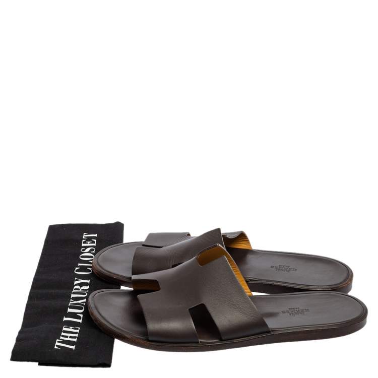 Pre Owned Hermes Dark Brown Leather Izmir Slide Sandals Size 43.5