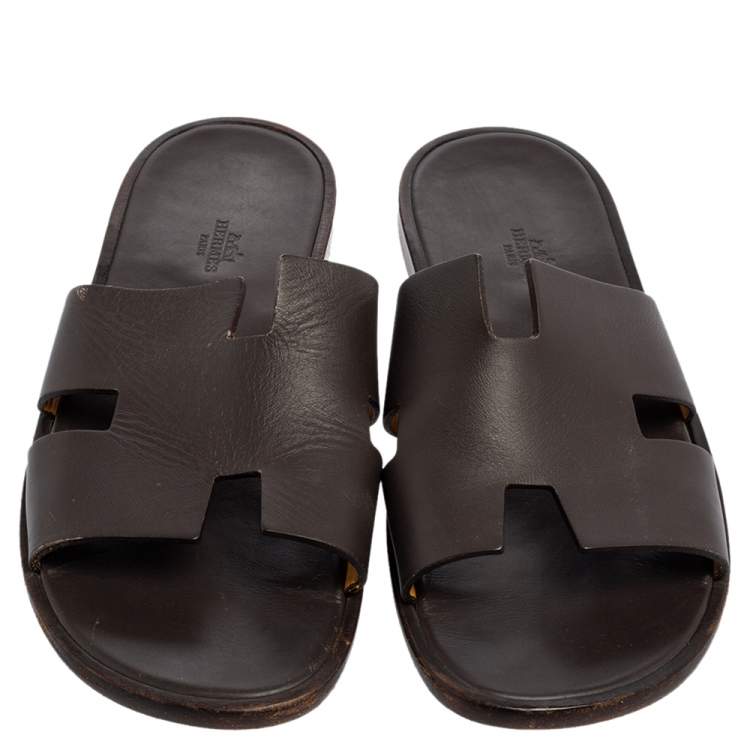 Pre Owned Hermes Dark Brown Leather Izmir Slide Sandals Size 43.5