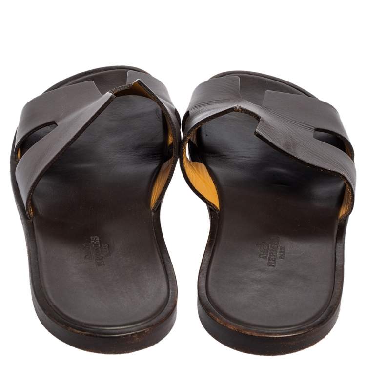 Pre Owned Hermes Dark Brown Leather Izmir Slide Sandals Size 43.5