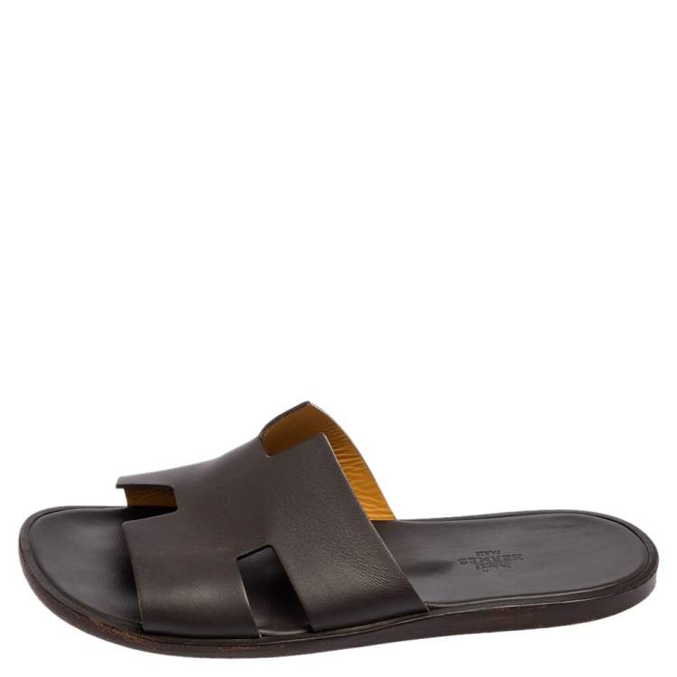 Pre Owned Hermes Dark Brown Leather Izmir Slide Sandals Size 43.5