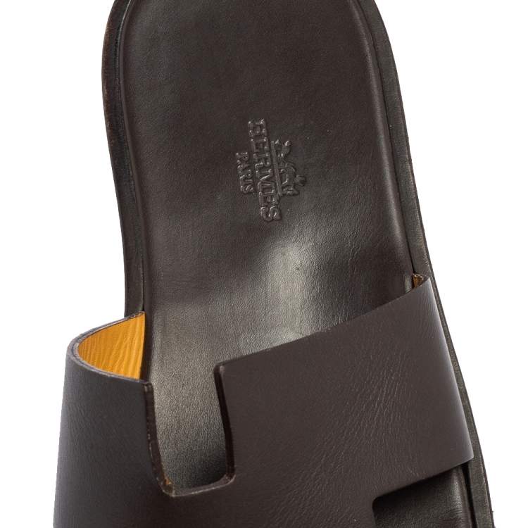 Pre Owned Hermes Dark Brown Leather Izmir Slide Sandals Size 43.5