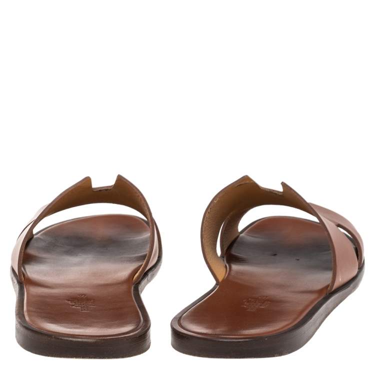 Pre Owned Hermes Brown Leather Izmir Flat Slides Size 43