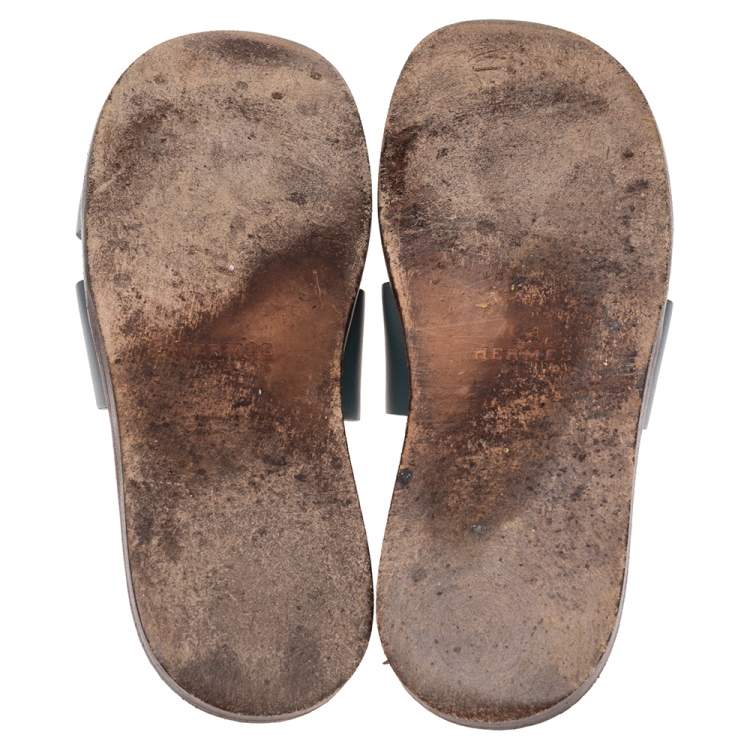 Pre Owned Hermes Blue Leather Izmir Flat Slides Size 43