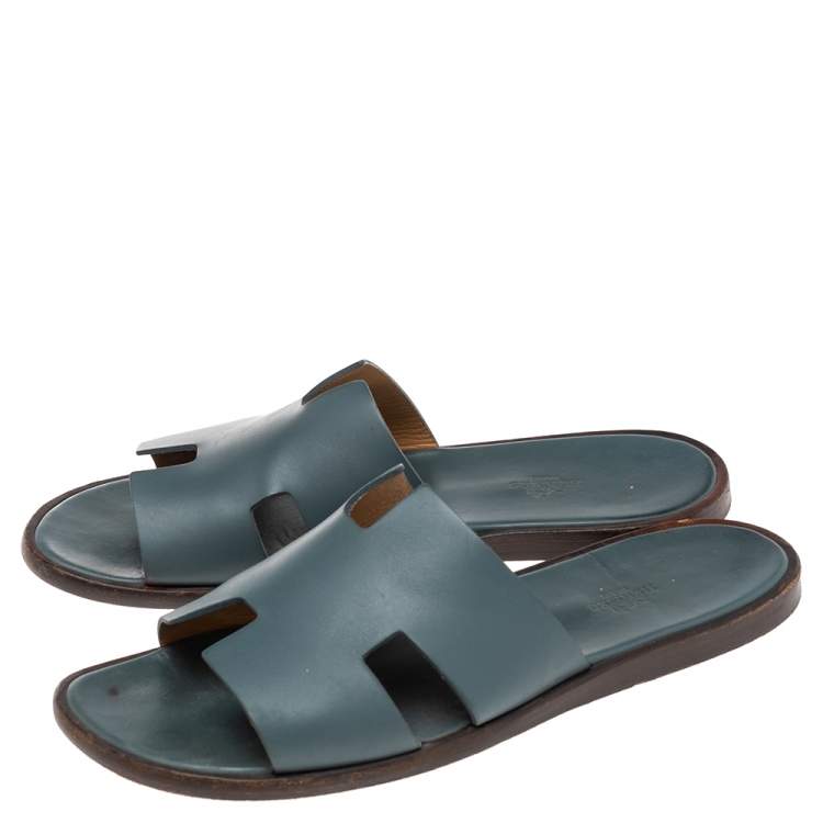 Pre Owned Hermes Blue Leather Izmir Flat Slides Size 43