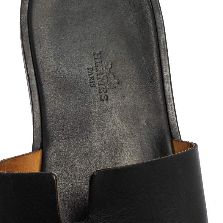 Pre Owned Hermes Black Leather Izmir Slide Sandals Size 43 
