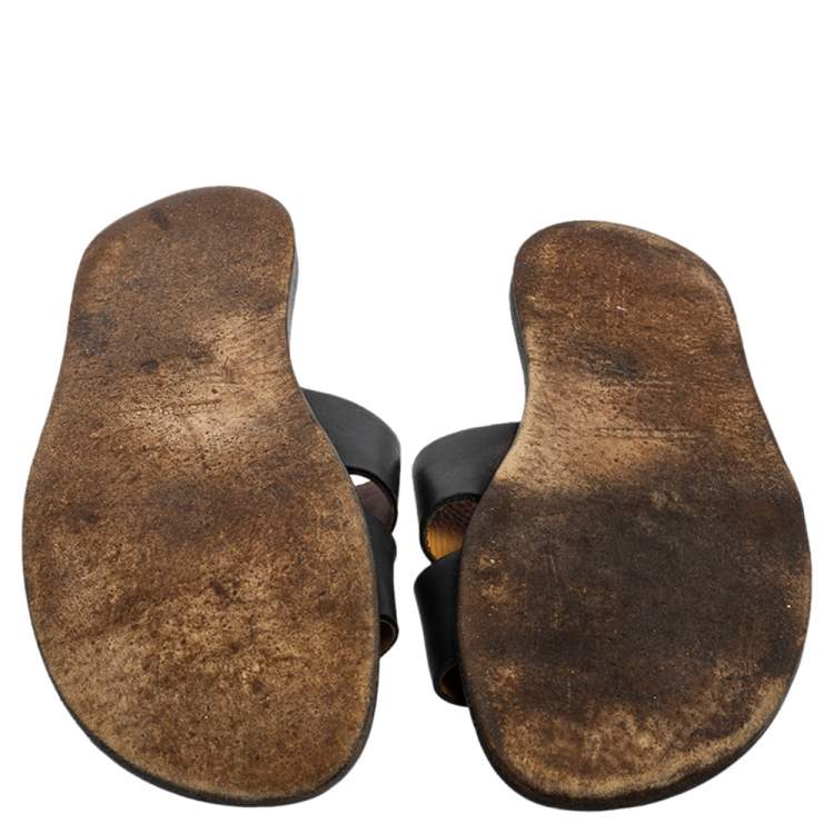 Pre Owned Hermes Black Leather Izmir Slide Sandals Size 43 