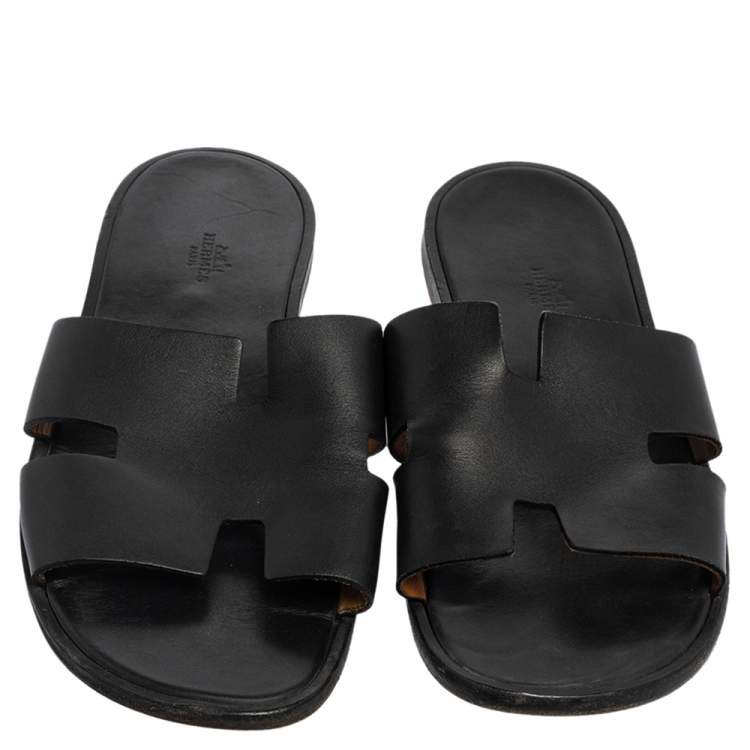 Pre Owned Hermes Black Leather Izmir Slide Sandals Size 43 