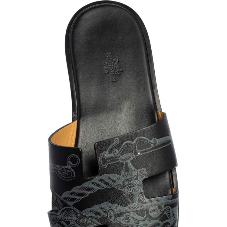 Pre Owned Hermes Black Ferronnerie Print Leather Izmir Flat Sandals Size 45