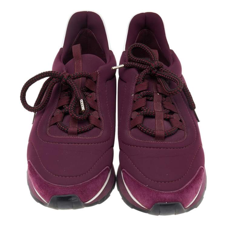 Pre Owned Hermes Burgundy Neoprene And Leather Miles Low Top Sneakers Size 41