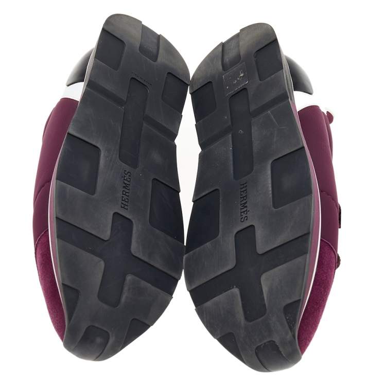 Pre Owned Hermes Burgundy Neoprene And Leather Miles Low Top Sneakers Size 41