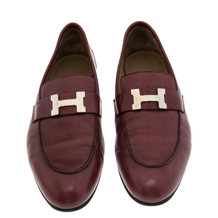 Pre Owned Hermes Burgundy Leather Slip On Loafers Size 42