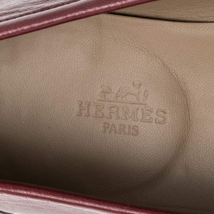 Pre Owned Hermes Burgundy Leather Slip On Loafers Size 42