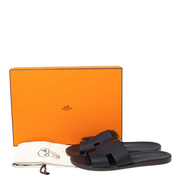 Pre Owned Hermés Dark Blue Leather Izmir Flat Slides Size 42.5