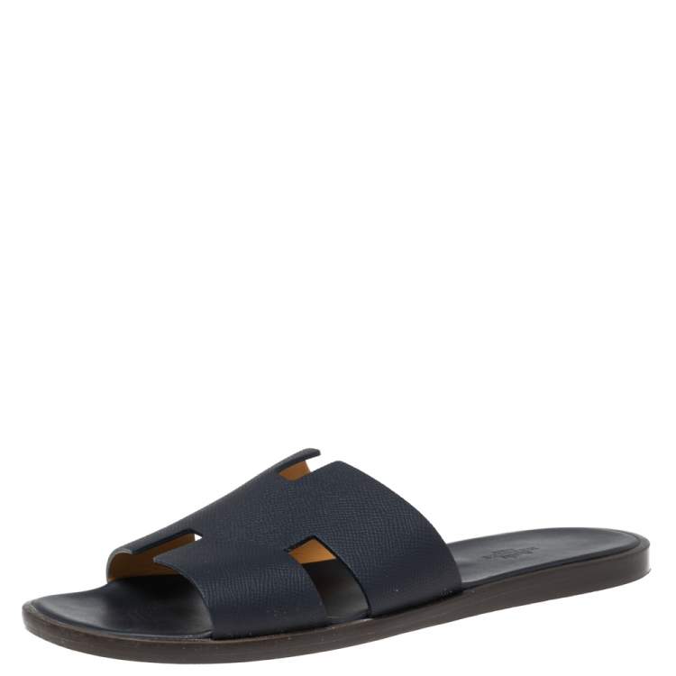 Pre Owned Hermés Dark Blue Leather Izmir Flat Slides Size 42.5