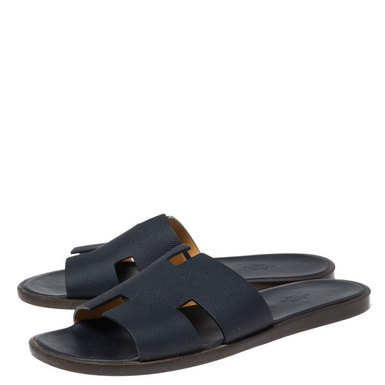 Pre Owned Hermés Dark Blue Leather Izmir Flat Slides Size 42.5