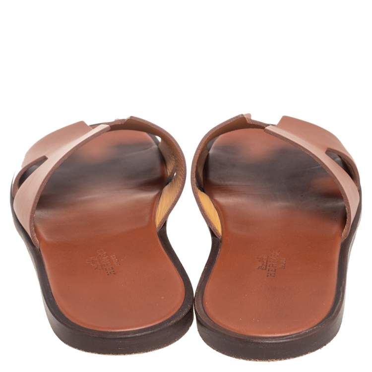 Pre Owned Hermes Tan Leather Izmir Flat Slides Size 40.5
