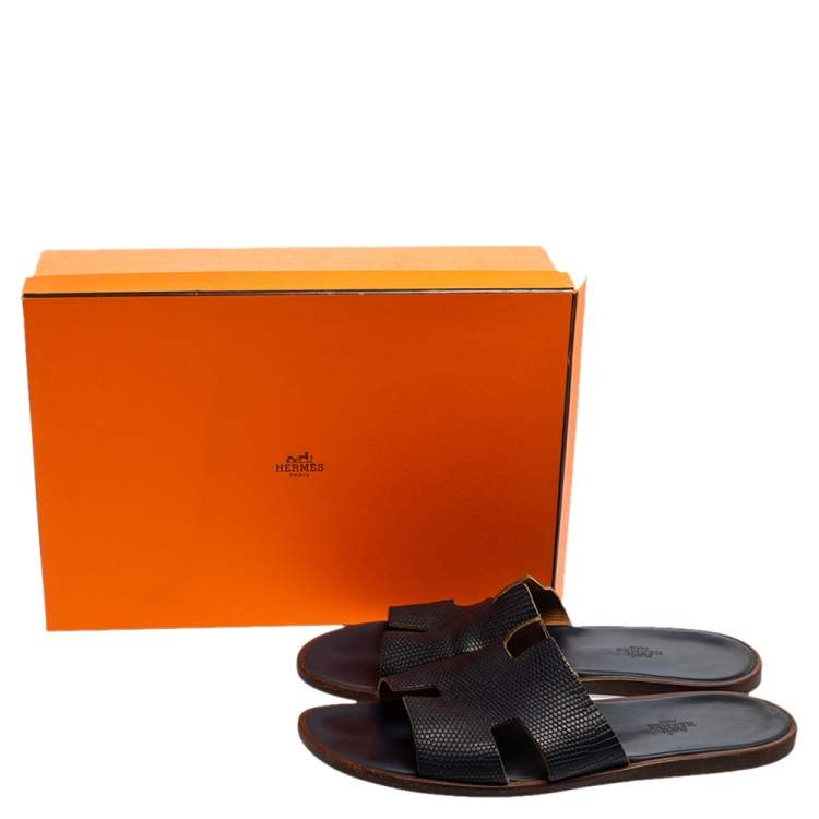 Pre Owned Hermés Navy Blue Lizard Embossed Leather Izmir Flat Slides Size 44.5