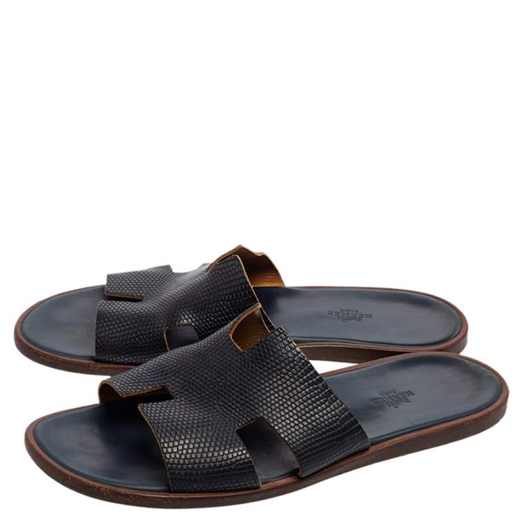 Pre Owned Hermés Navy Blue Lizard Embossed Leather Izmir Flat Slides Size 44.5