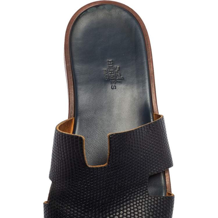 Pre Owned Hermés Navy Blue Lizard Embossed Leather Izmir Flat Slides Size 44.5