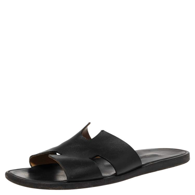 Pre Owned Hermes Black Leather Izmir Slide Sandals Size 40.5
