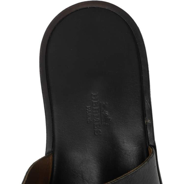 Pre Owned Hermes Black Leather Izmir Slide Sandals Size 40.5