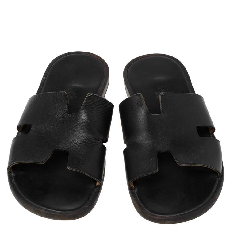 Pre Owned Hermes Black Leather Izmir Slide Sandals Size 40.5