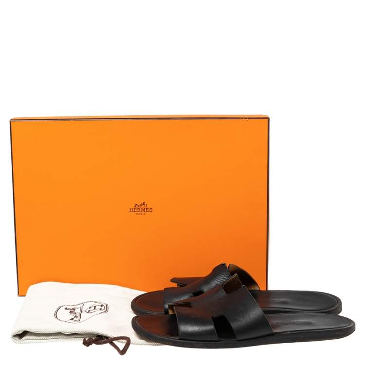 Pre Owned Hermes Black Leather Izmir Slide Sandals Size 40.5