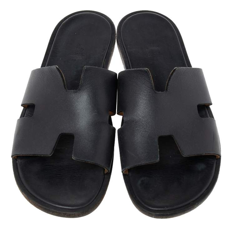 مملوكة مسبقًا Hermes Black Leather Izmir Slide Sandals Size 41