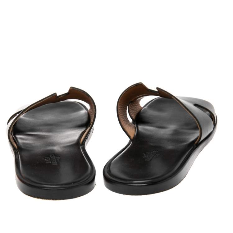 Pre Owned Hermes Black Leather Izmir Flat Slides Size 43.5