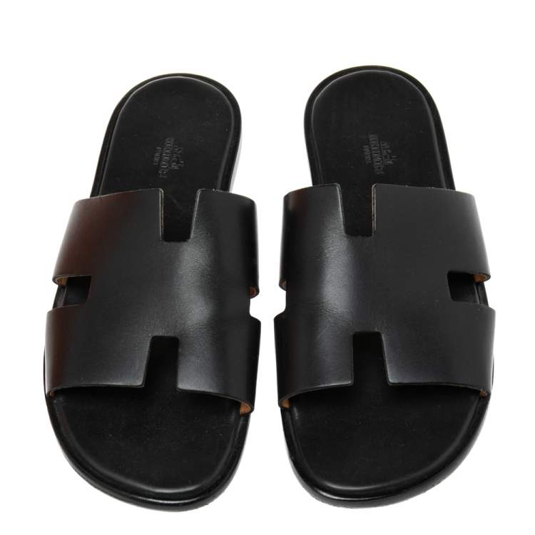 Pre Owned Hermes Black Leather Izmir Flat Slides Size 43.5