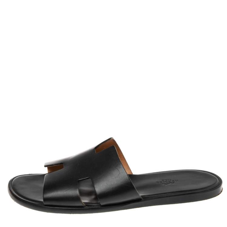 Pre Owned Hermes Black Leather Izmir Flat Slides Size 43.5
