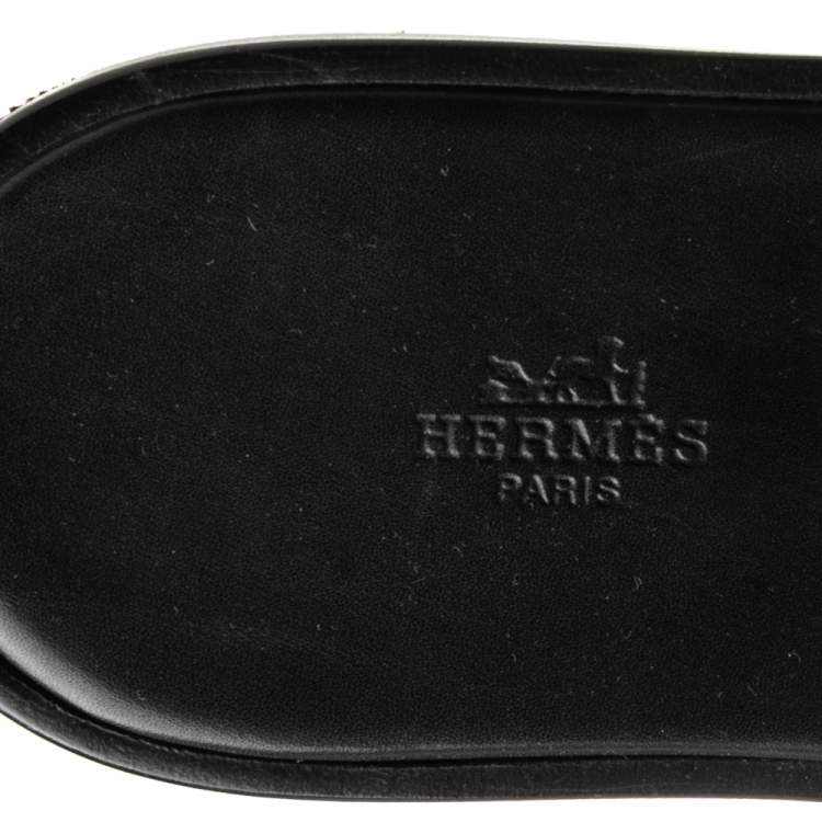 Pre Owned Hermes Black Leather Izmir Flat Slides Size 43.5
