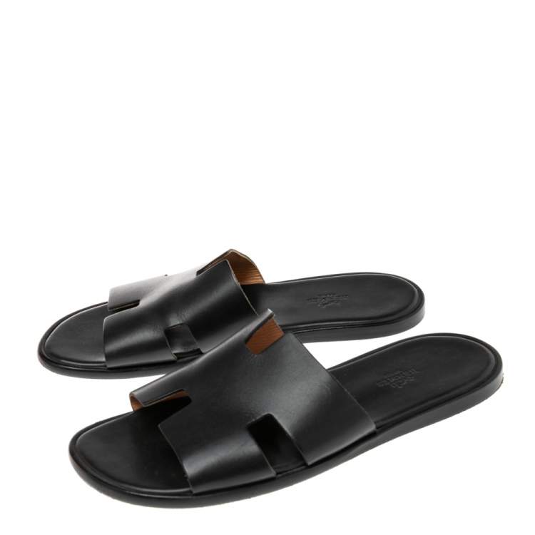 Pre Owned Hermes Black Leather Izmir Flat Slides Size 43.5