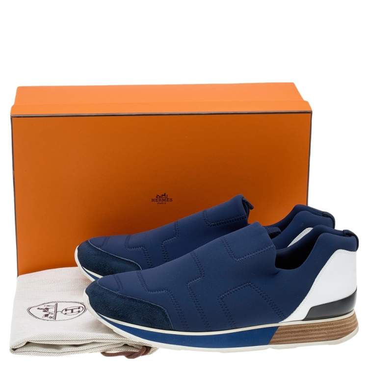 Pre Owned Hermes Blue Neoprene and Leather Slip On Sneakers Size 43.5