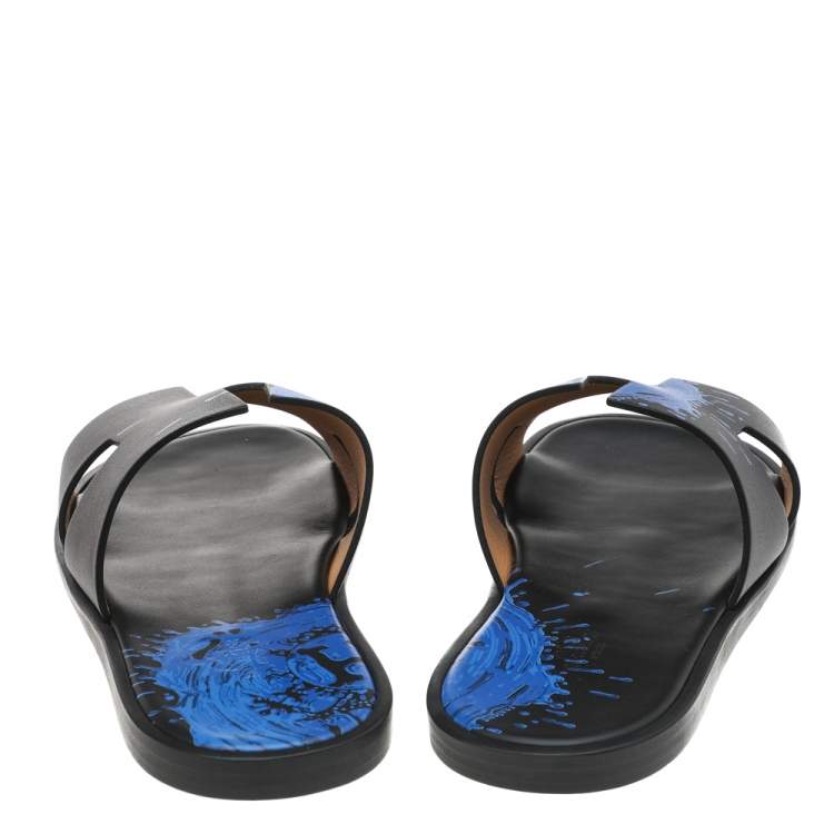 Pre Owned Hermes Blue/Black Leather Peinture Fraiche Print Izmir Flat Slides Size 43