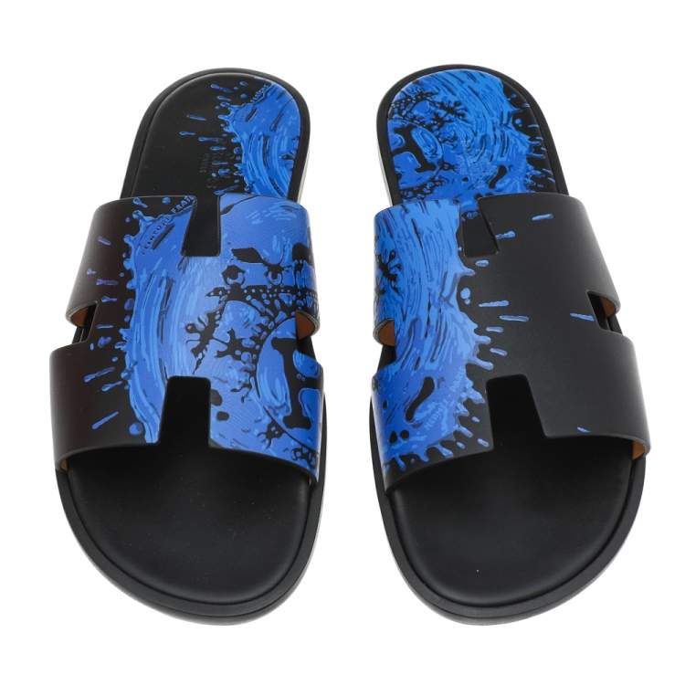 Pre Owned Hermes Blue/Black Leather Peinture Fraiche Print Izmir Flat Slides Size 43