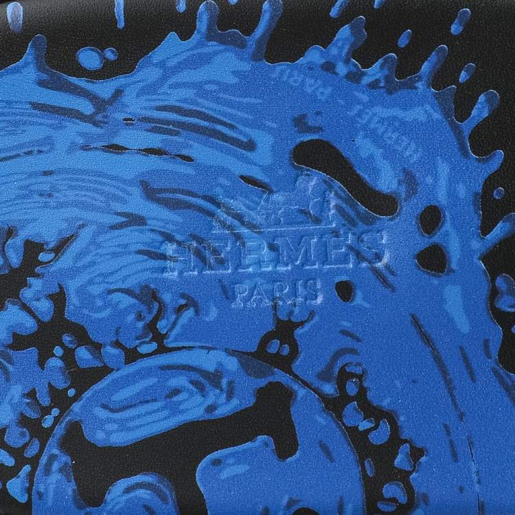 Pre Owned Hermes Blue/Black Leather Peinture Fraiche Print Izmir Flat Slides Size 43