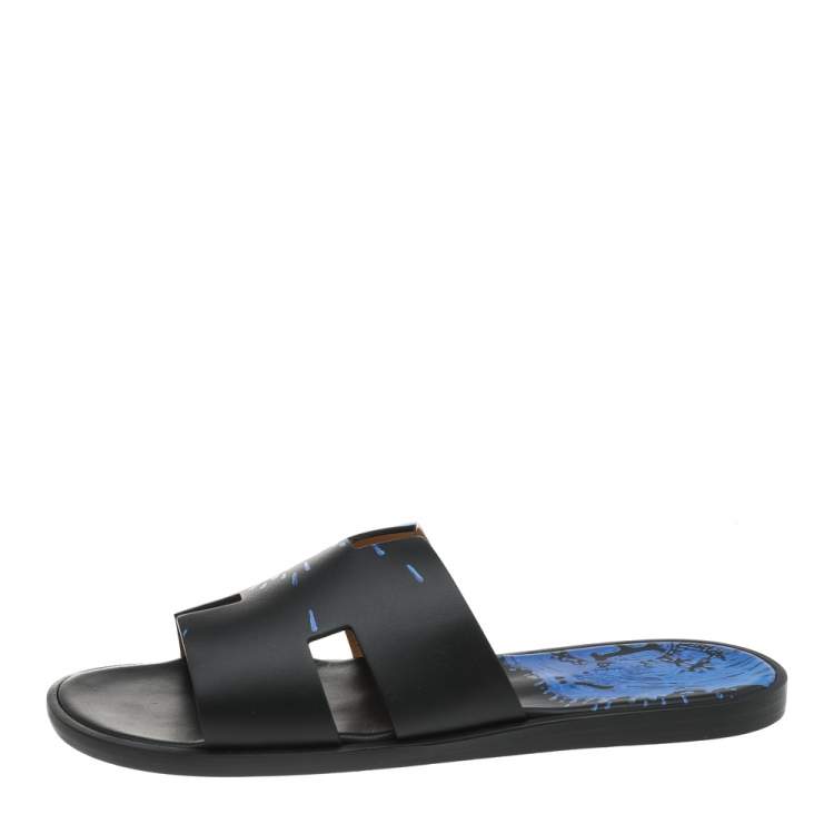 Pre Owned Hermes Blue/Black Leather Peinture Fraiche Print Izmir Flat Slides Size 43