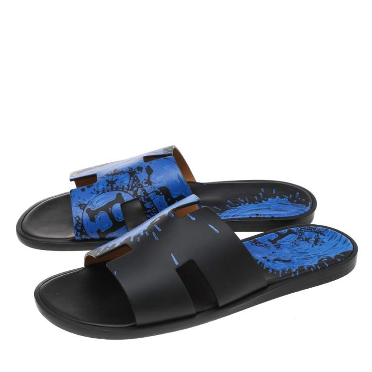 Pre Owned Hermes Blue/Black Leather Peinture Fraiche Print Izmir Flat Slides Size 43
