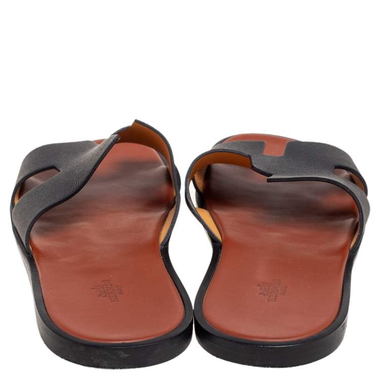 Pre Owned Hermes Black Leather Izmir Flat Sandals Size 47
