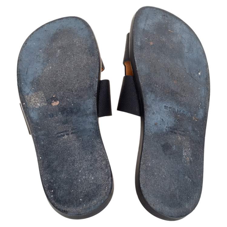 Pre Owned Hermes Black Leather Izmir Flat Sandals Size 47
