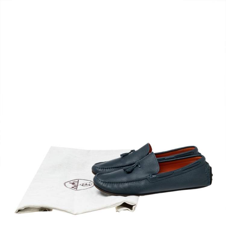 Pre Owned Hermes Navy Blue Leather Bow Detail Driver Loafers Size 41.5 