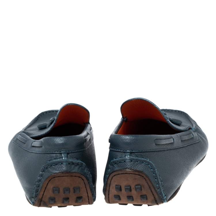 Pre Owned Hermes Navy Blue Leather Bow Detail Driver Loafers Size 41.5 