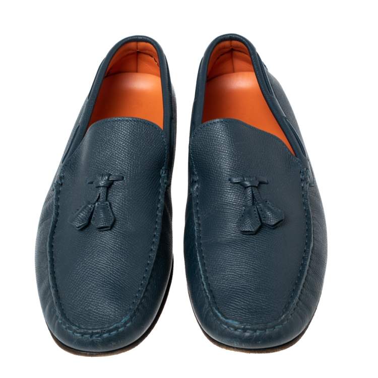 Pre Owned Hermes Navy Blue Leather Bow Detail Driver Loafers Size 41.5 