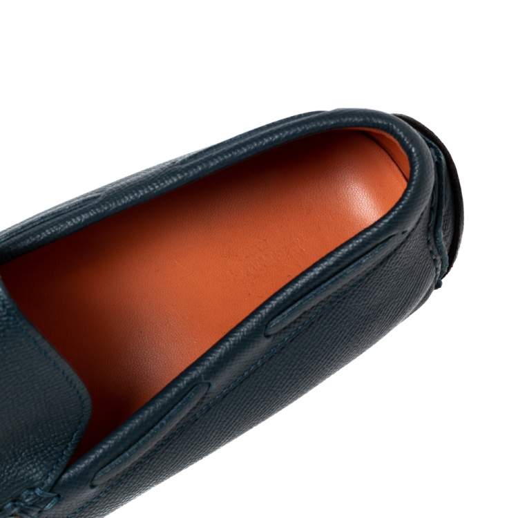Pre Owned Hermes Navy Blue Leather Bow Detail Driver Loafers Size 41.5 