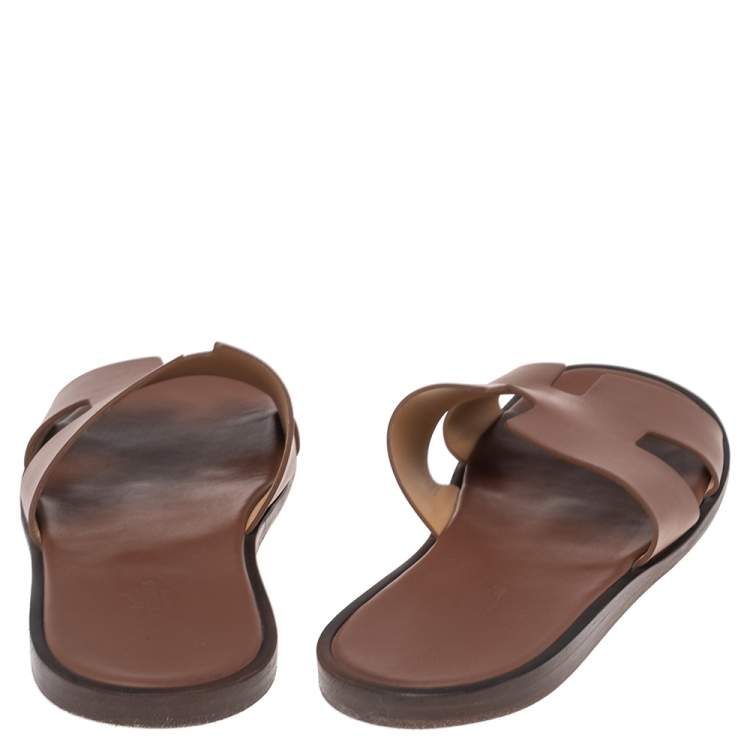 Pre Owned Hermes Tan Leather Izmir Flat Slides Size 46