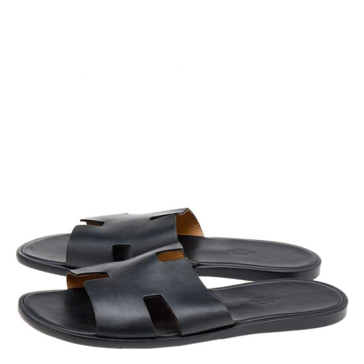 مملوكة مسبقًا Hermes Black Leather Izmir Flat Slides Size 45