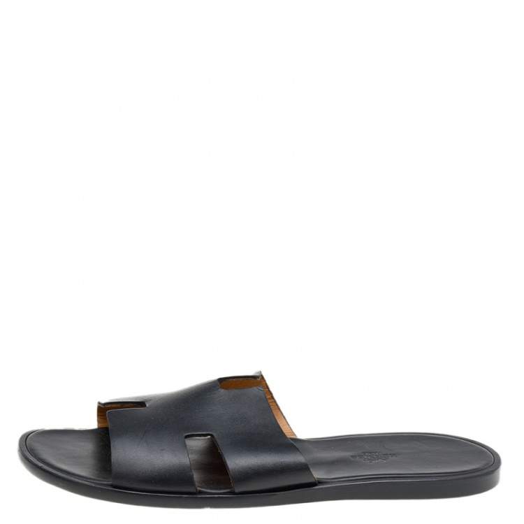 مملوكة مسبقًا Hermes Black Leather Izmir Flat Slides Size 45