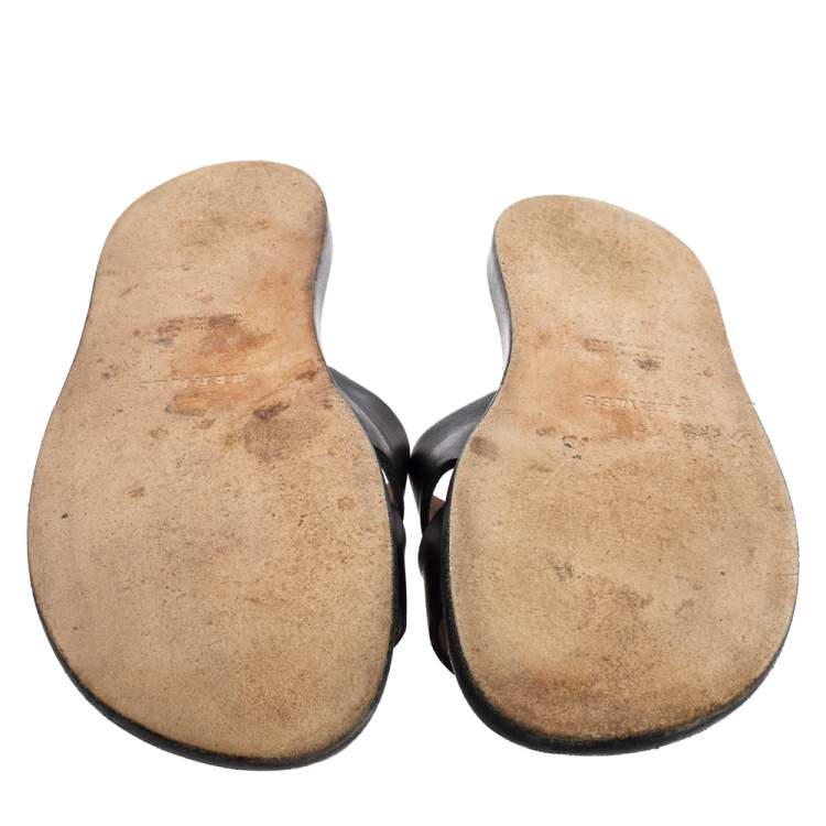 Pre Owned Hermes Black Leather Izmir Flat Slides Size 40
